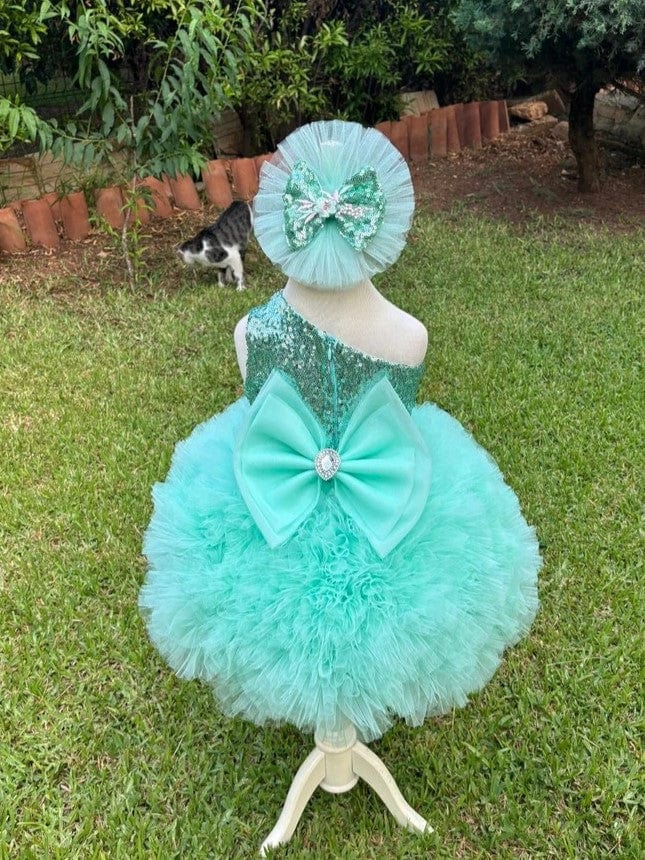 Sunnypetal Light Green One-Shoulder Embroidery Flowers Flower Girl Dresses for Special Occasion