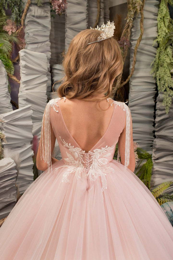 Sunnypetal Light Pink Ball-Gown Tulle Dress Shoulder Tassels Floral Lace Appliques Flower Girl Dress