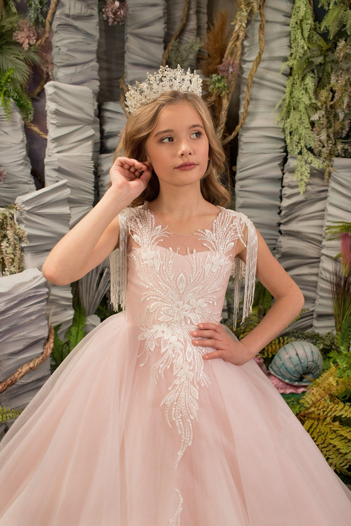 Sunnypetal Light Pink Ball-Gown Tulle Dress Shoulder Tassels Floral Lace Appliques Flower Girl Dress