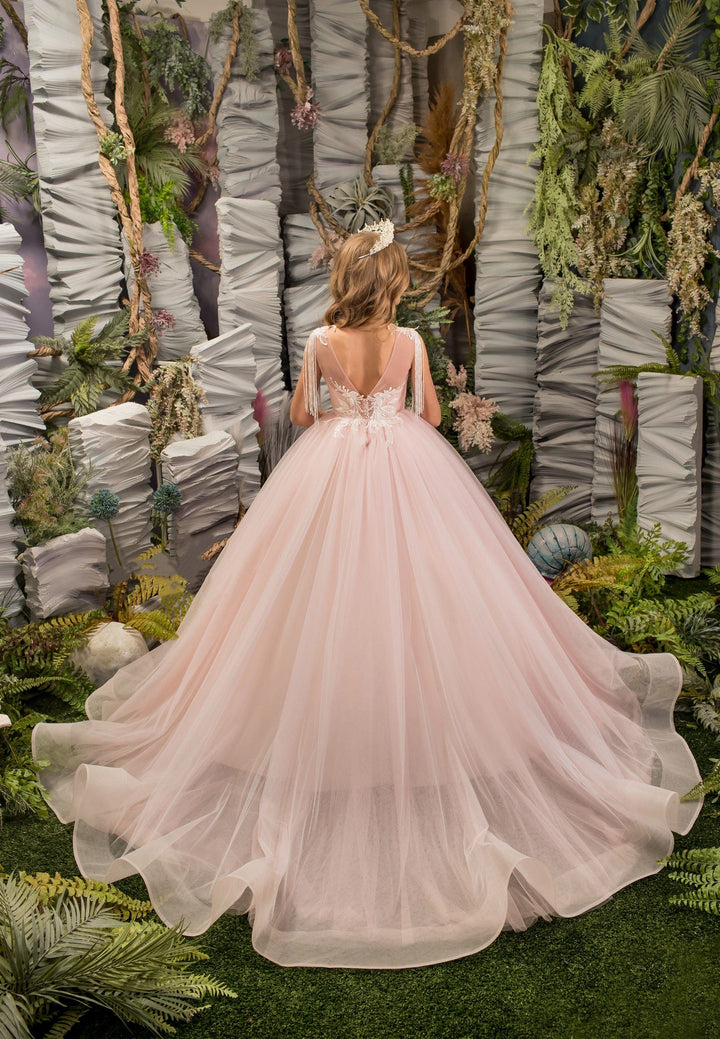 Sunnypetal Light Pink Ball-Gown Tulle Dress Shoulder Tassels Floral Lace Appliques Flower Girl Dress