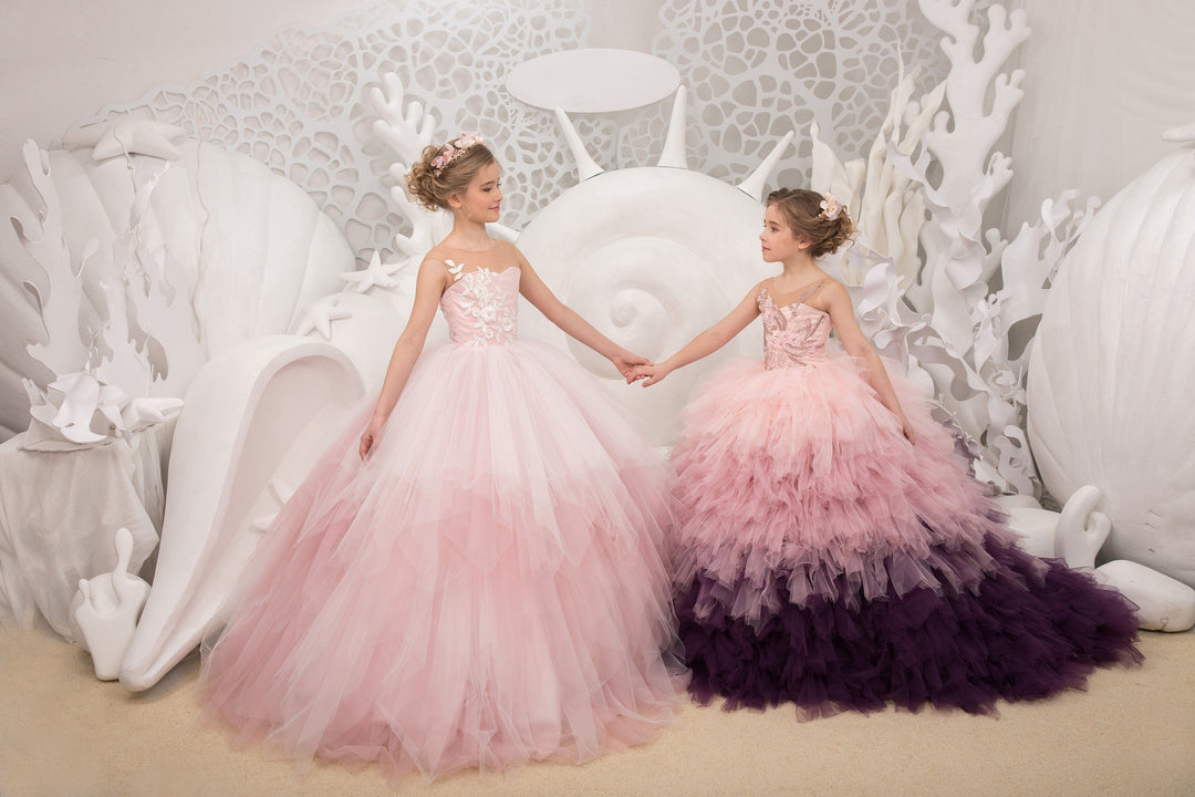 Sunnypetal Light Pink Graceful Gradient Tulle Floral Embroidery Appliques Bodice Flower Girl Dresses