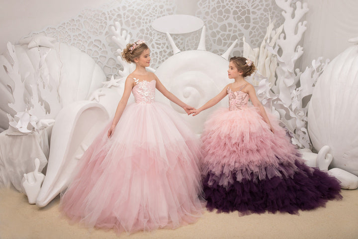 Sunnypetal Light Pink Graceful Gradient Tulle Floral Embroidery Appliques Bodice Flower Girl Dresses