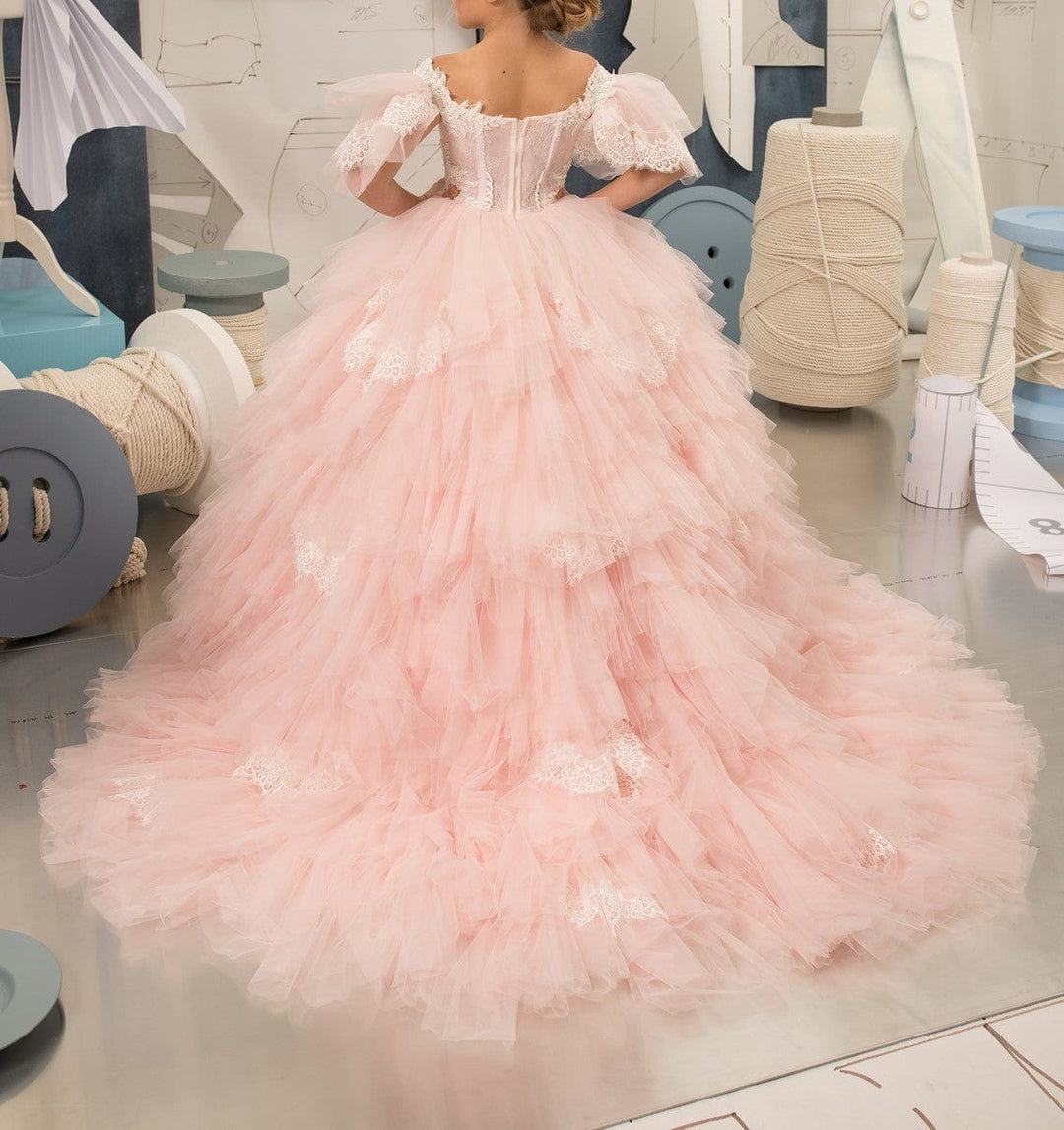 Sunnypetal Light Pink Tulle Lace Ball-Gown Flower Girl Tiered Dress With Beading