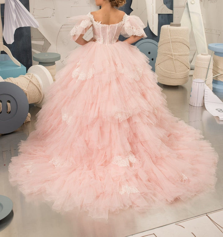 Sunnypetal Light Pink Tulle Lace Ball-Gown Flower Girl Tiered Dress With Beading