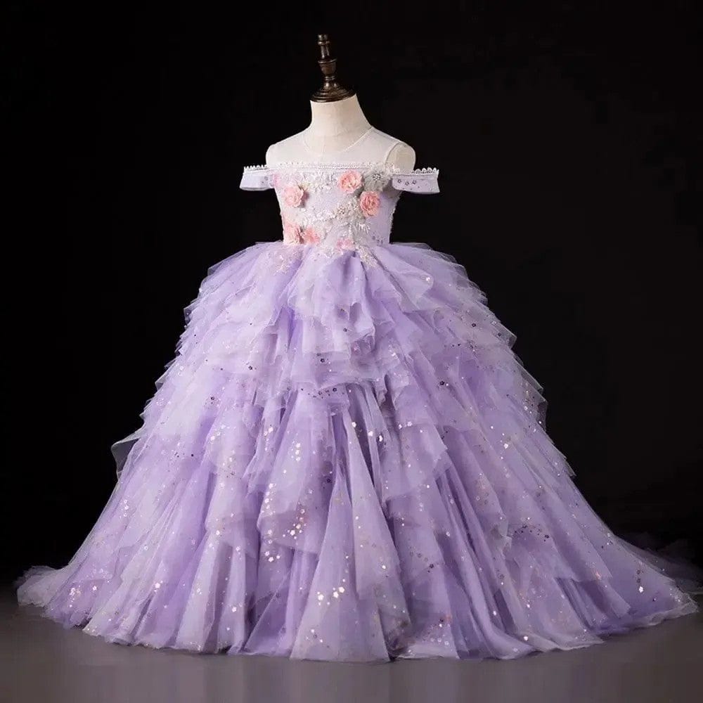 Sunnypetal Lilac 3D Floral Ruffle Flower Girl Dress with Pearls and Sequins