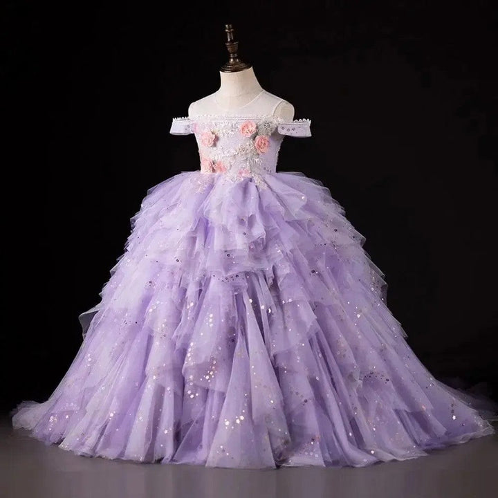 Sunnypetal Lilac 3D Floral Ruffle Flower Girl Dress with Pearls and Sequins