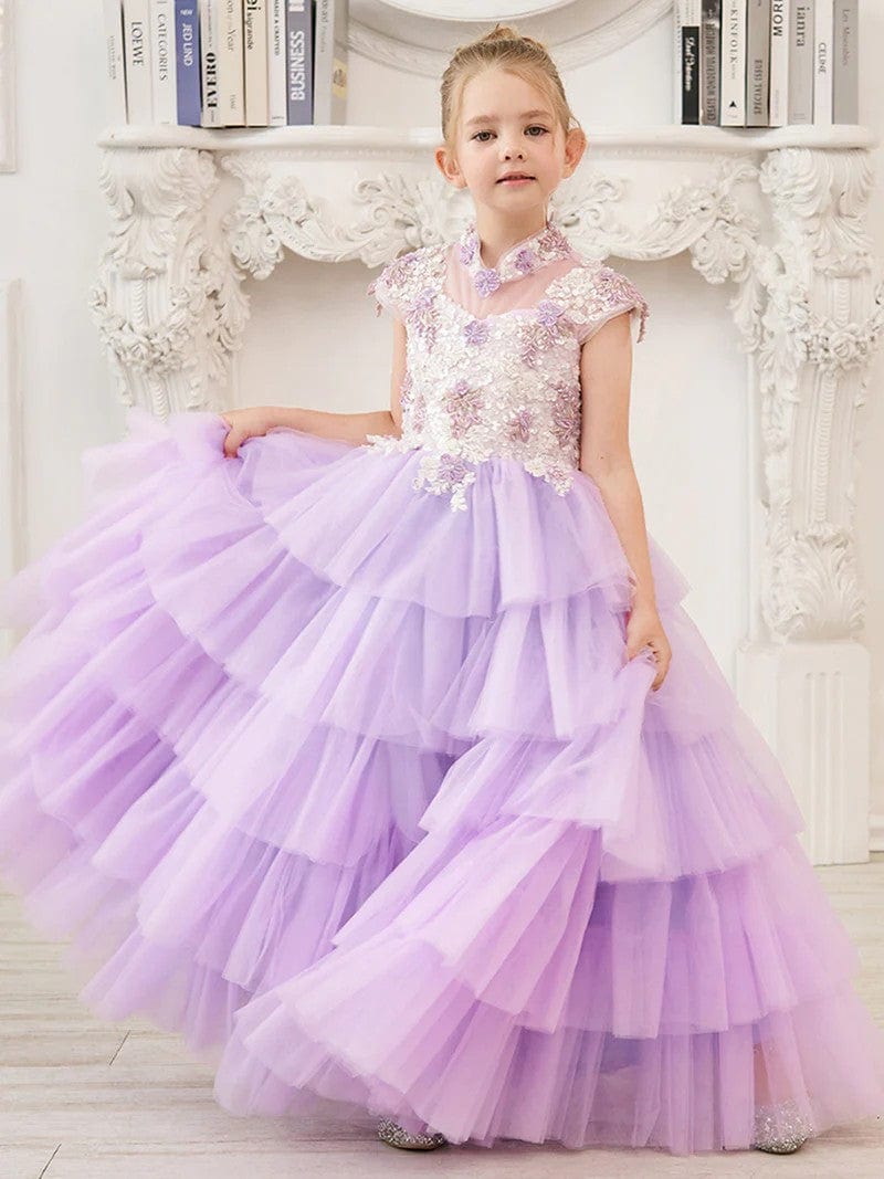 Sunnypetal Lilac Appliques Lace Flower Ruffles Tulle Floor-Length Flower Girl Dresses