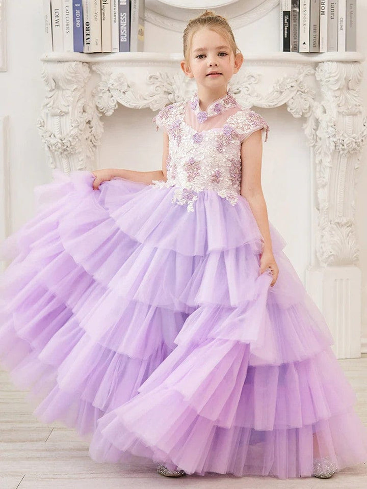 Sunnypetal Lilac Appliques Lace Flower Ruffles Tulle Floor-Length Flower Girl Dresses
