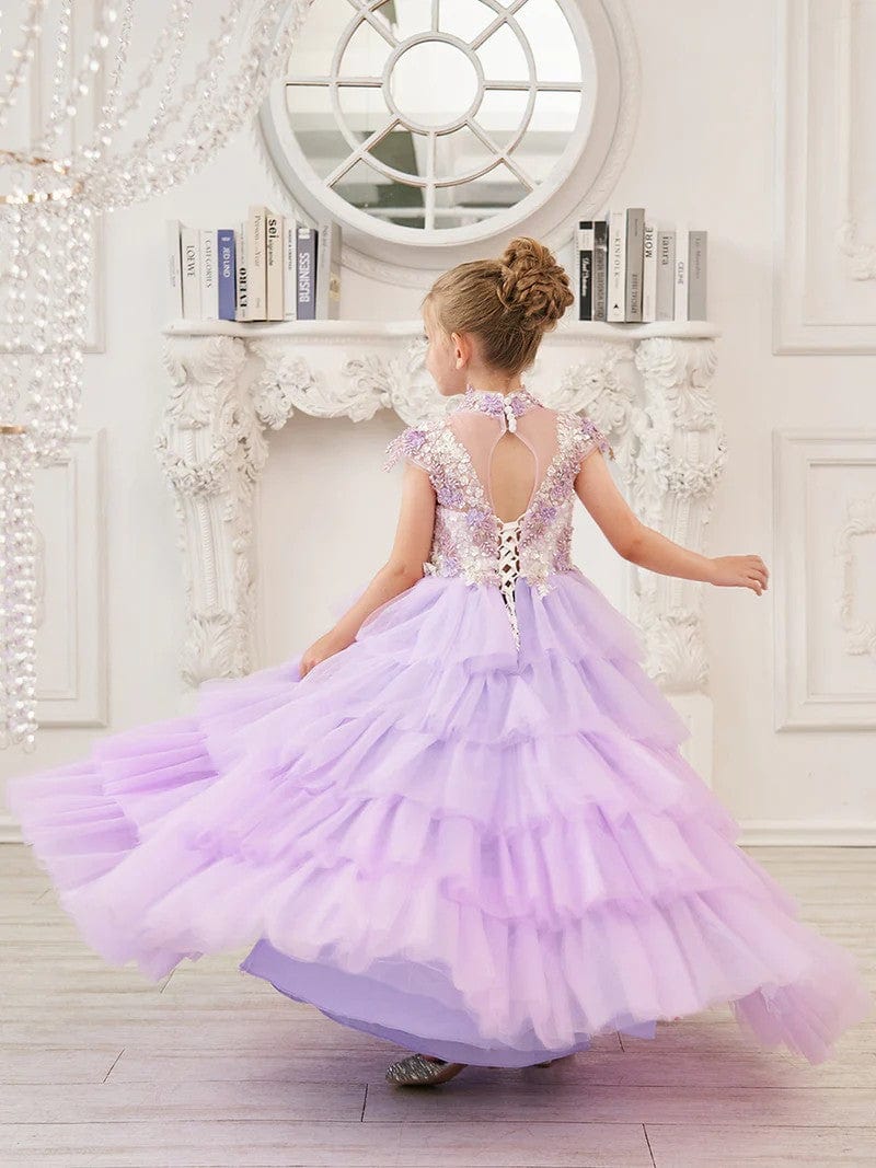 Sunnypetal Lilac Appliques Lace Flower Ruffles Tulle Floor-Length Flower Girl Dresses