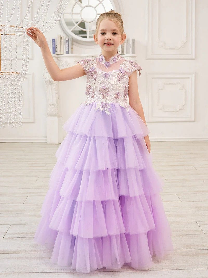 Sunnypetal Lilac Appliques Lace Flower Ruffles Tulle Floor-Length Flower Girl Dresses