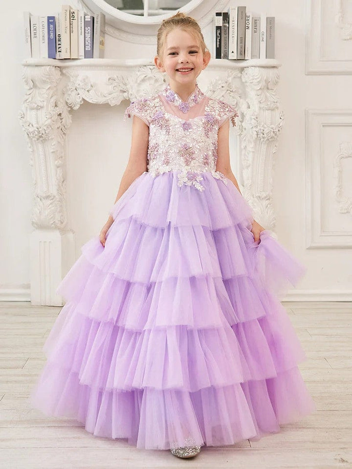 Sunnypetal Lilac Appliques Lace Flower Ruffles Tulle Floor-Length Flower Girl Dresses