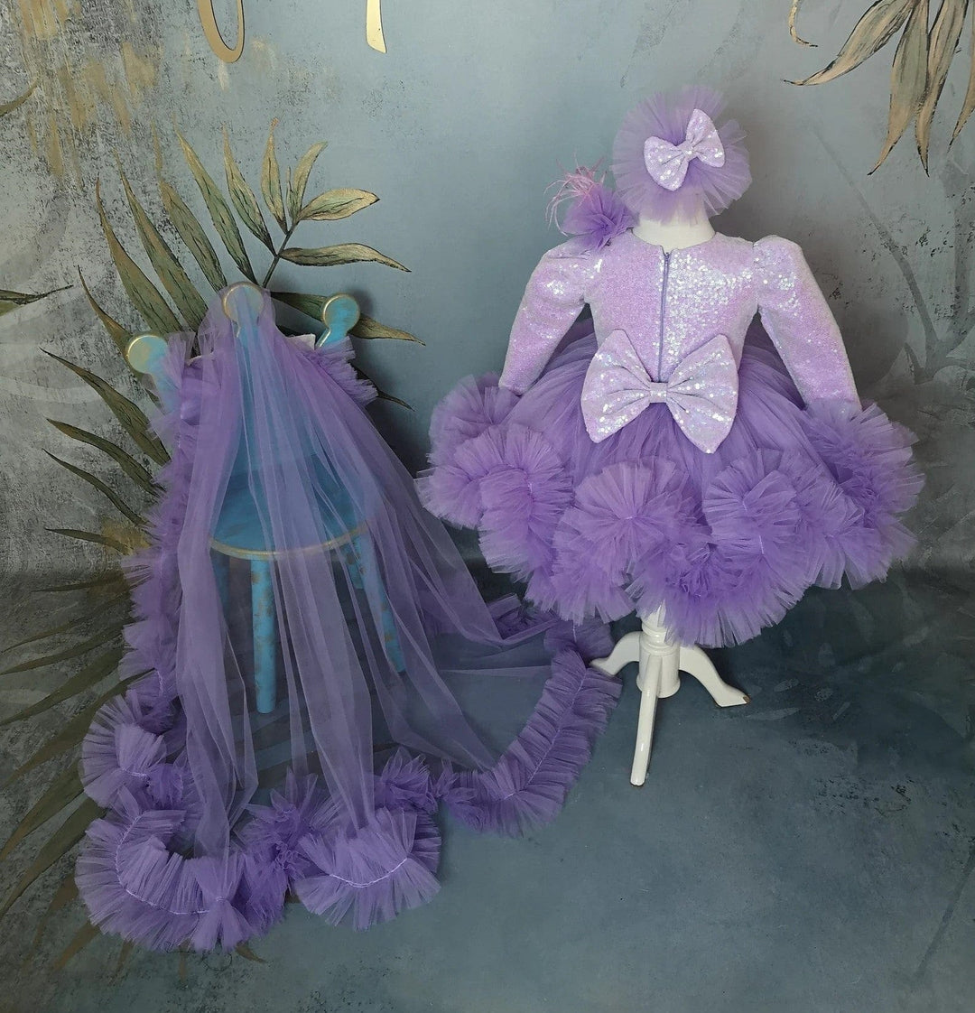 Sunnypetal Lilac Flower Girl Dress Long Sleeve Sequin Girl Prom Party with Detachable Train