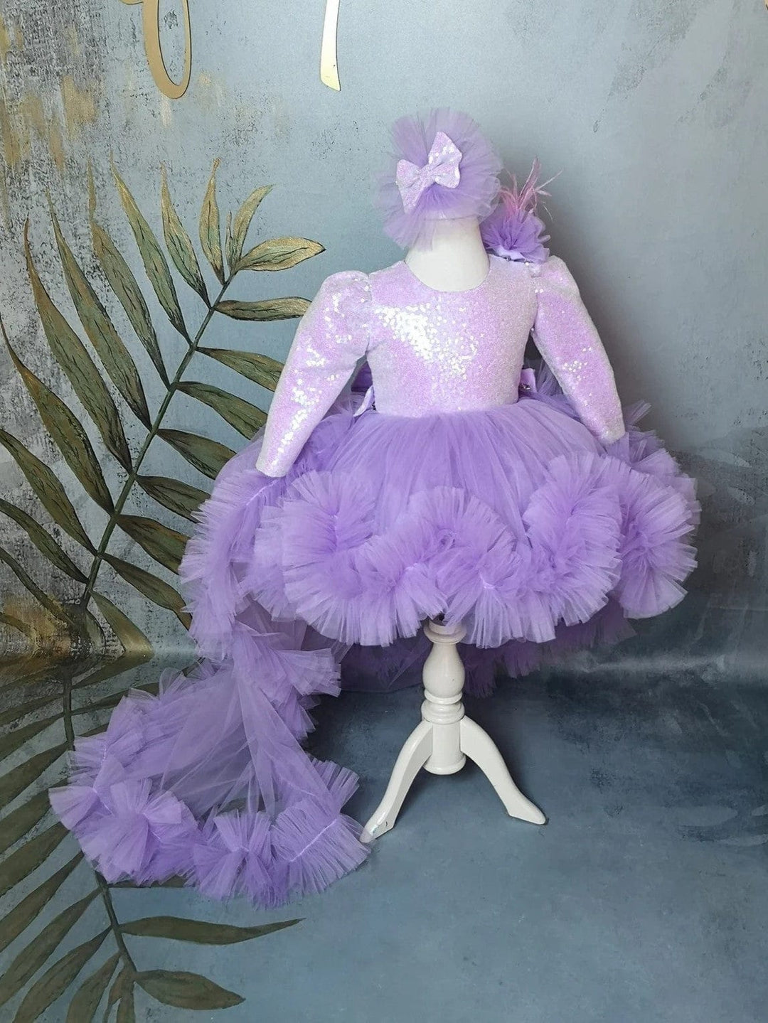 Sunnypetal Lilac Flower Girl Dress Long Sleeve Sequin Girl Prom Party with Detachable Train