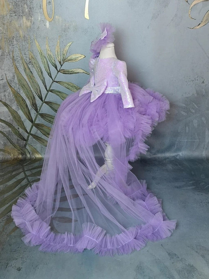 Sunnypetal Lilac Flower Girl Dress Long Sleeve Sequin Girl Prom Party with Detachable Train