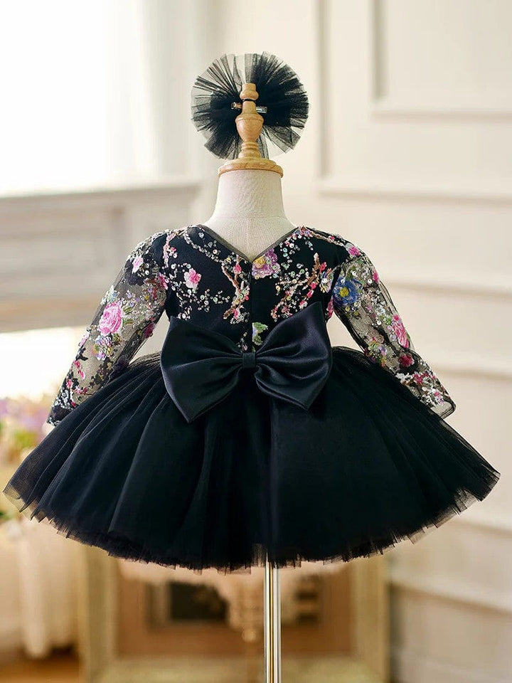 Sunnypetal Lilac Long Sleeves Floral Embroidery Puff Tulle Flower Girl Dresses