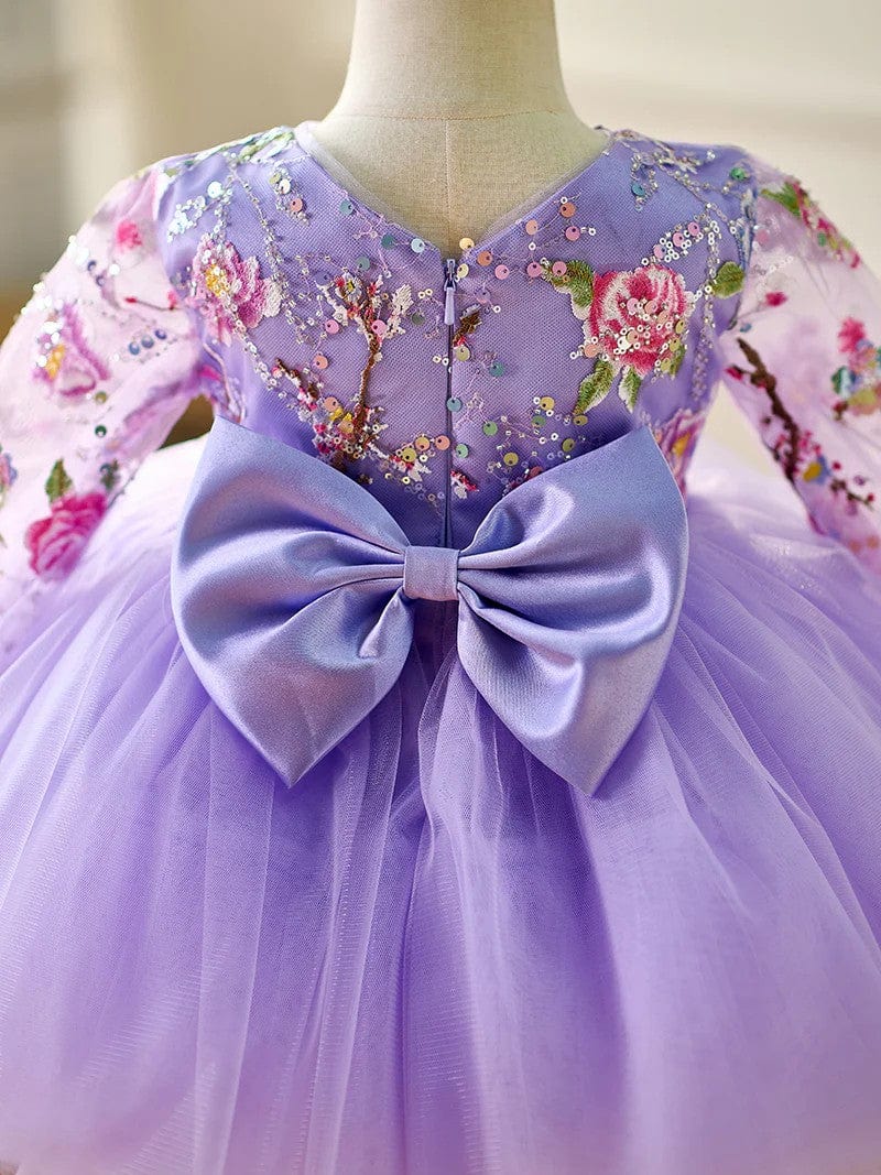 Sunnypetal Lilac Long Sleeves Floral Embroidery Puff Tulle Flower Girl Dresses