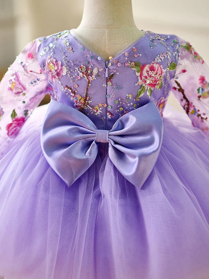 Sunnypetal Lilac Long Sleeves Floral Embroidery Puff Tulle Flower Girl Dresses