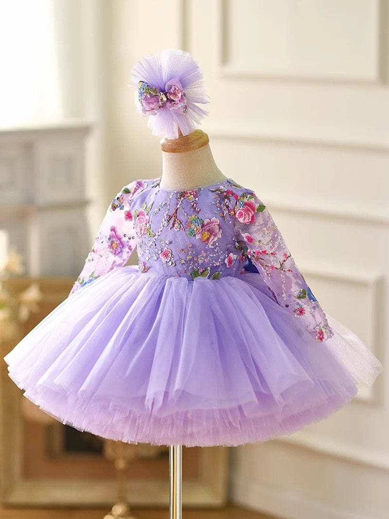 Sunnypetal Lilac Long Sleeves Floral Embroidery Puff Tulle Flower Girl Dresses