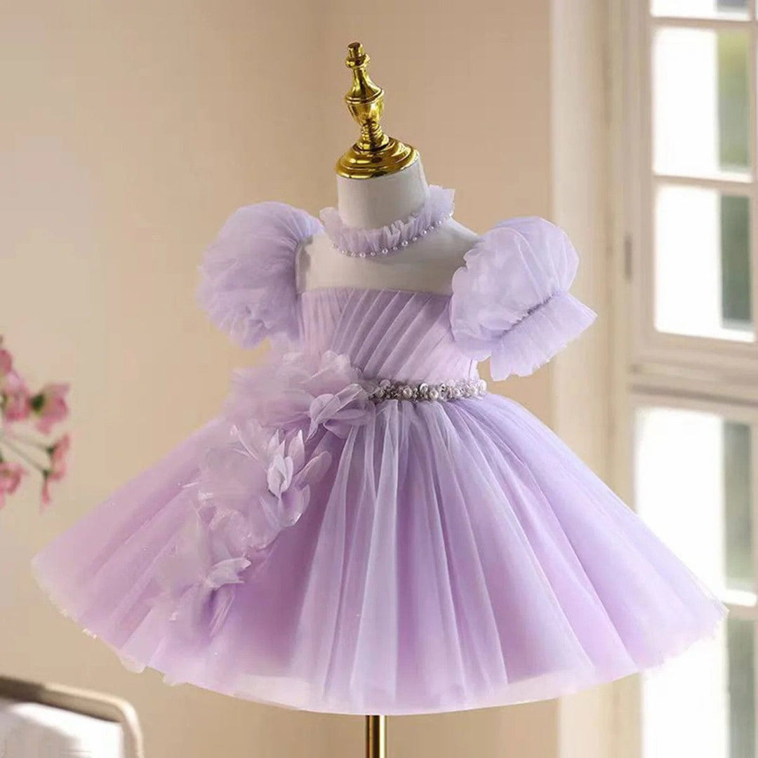 Sunnypetal Lilac Tulle Knee-Length Flower Girl Dress with Floral Applique&Pearls