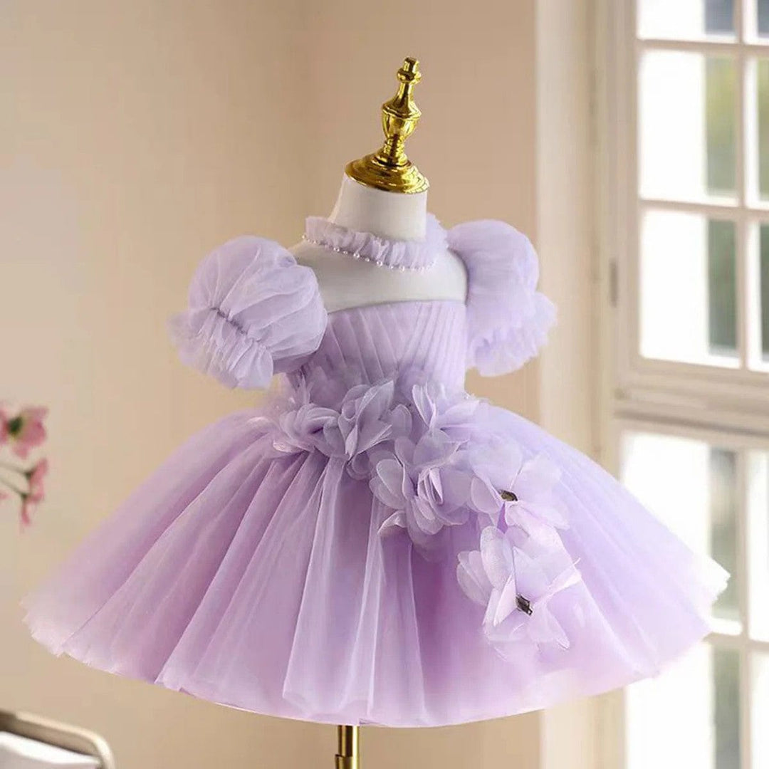 Sunnypetal Lilac Tulle Knee-Length Flower Girl Dress with Floral Applique&Pearls