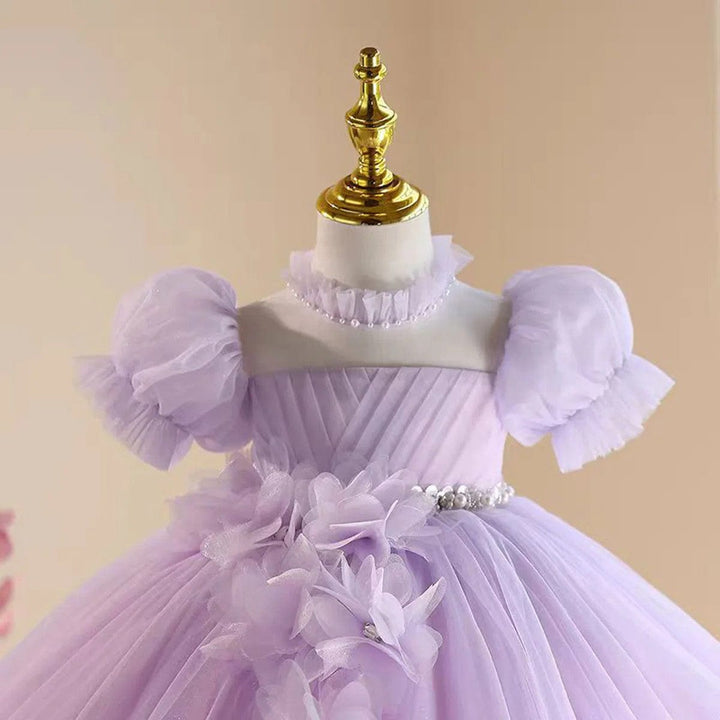 Sunnypetal Lilac Tulle Knee-Length Flower Girl Dress with Floral Applique&Pearls