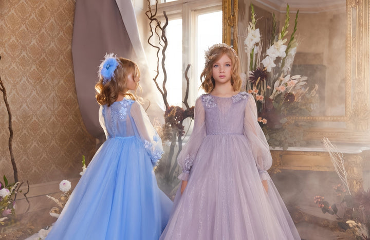 Sunnypetal llusion V-Neckline Long Sleeves Glitter Tulle Flower Girl Dresses