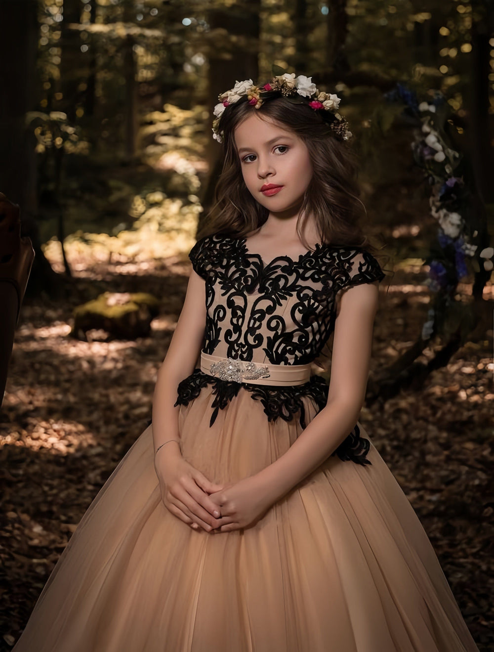 Sunnypetal Long Princess Tulle Ball-Gown Flower Girl Dress with Black Lace