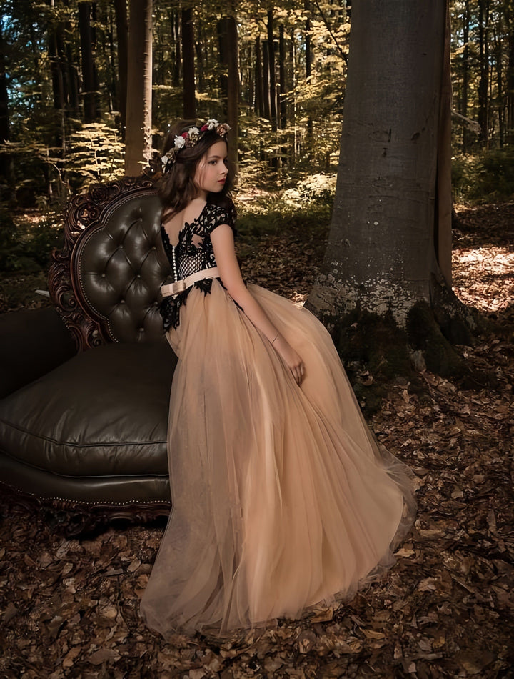 Sunnypetal Long Princess Tulle Ball-Gown Flower Girl Dress with Black Lace