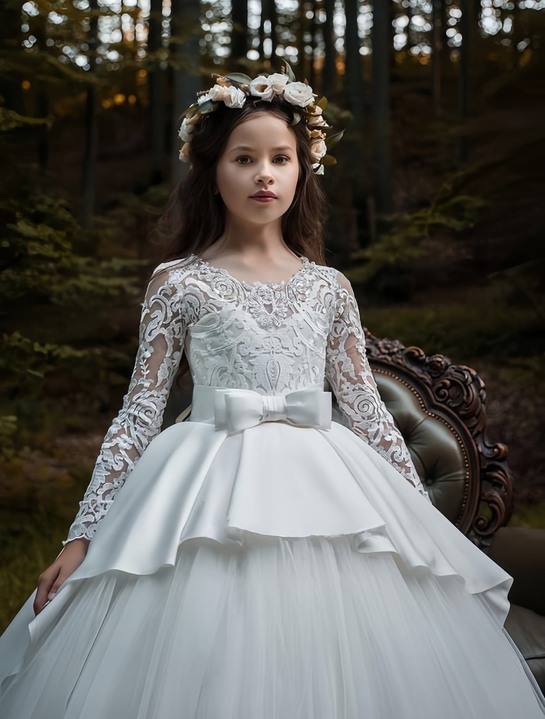 Sunnypetal Long Sleeve Lace Appliques Ball-Gown Flower Girl Dresses with Bow