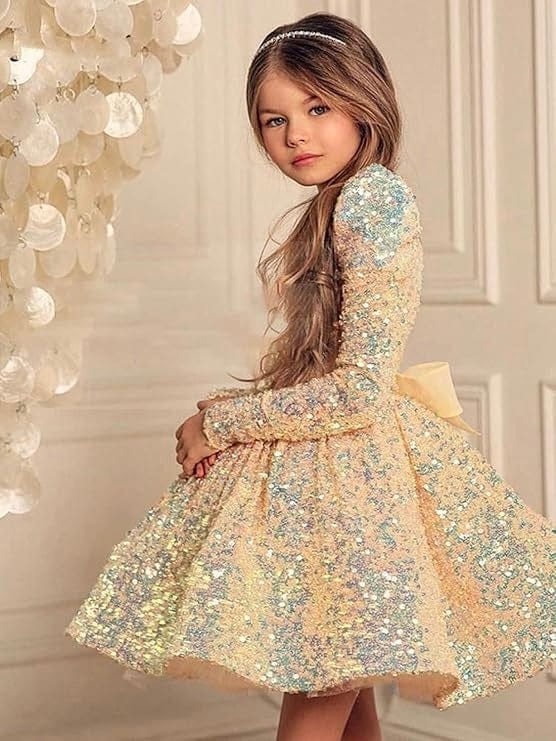 Sunnypetal Long Sleeve Sequin Pageant Prom Knee-Length Flower Girl Dress
