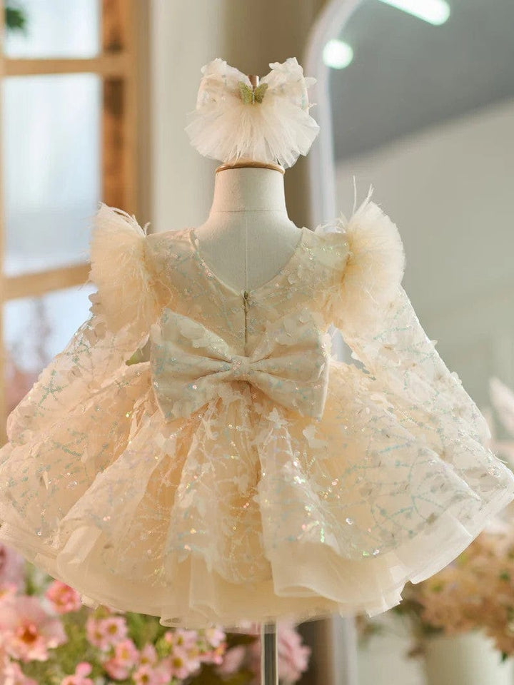 Sunnypetal Long Sleeves Cascading Ruffles Sequins Knee-Length Flower Girl Dresses with Bow