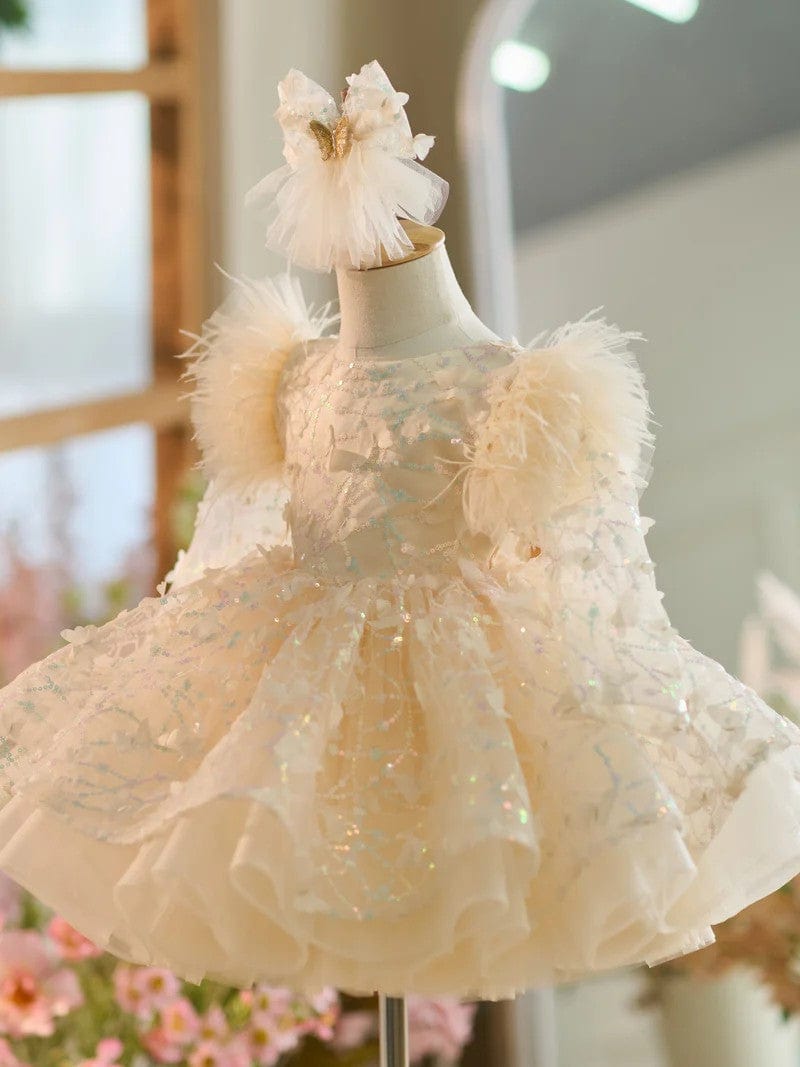 Sunnypetal Long Sleeves Cascading Ruffles Sequins Knee-Length Flower Girl Dresses with Bow