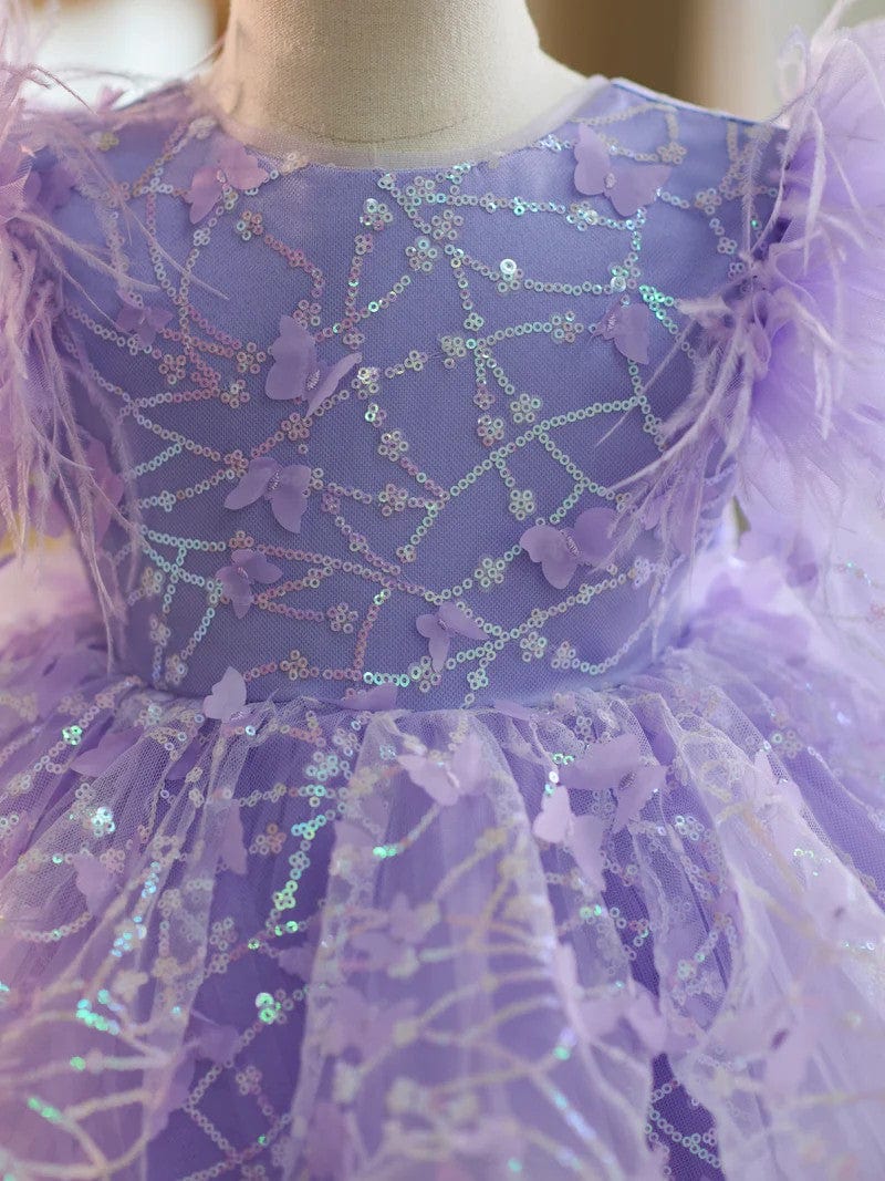 Sunnypetal Long Sleeves Cascading Ruffles Sequins Knee-Length Flower Girl Dresses with Bow