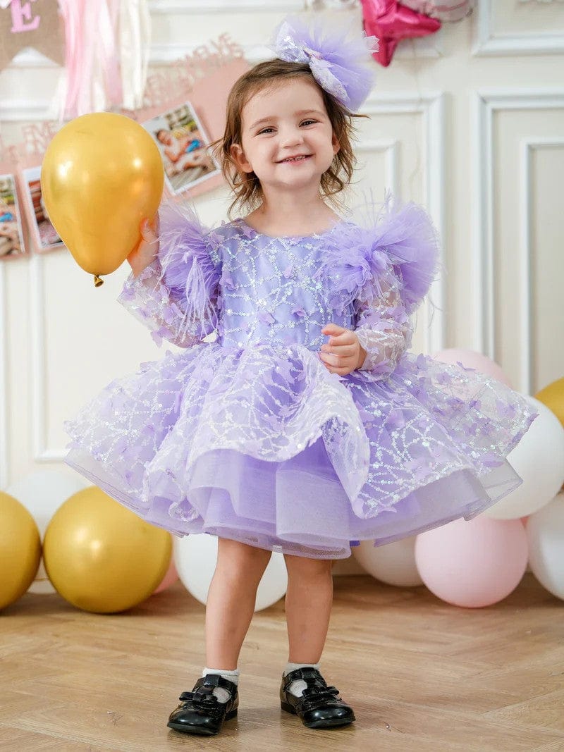 Sunnypetal Long Sleeves Cascading Ruffles Sequins Knee-Length Flower Girl Dresses with Bow