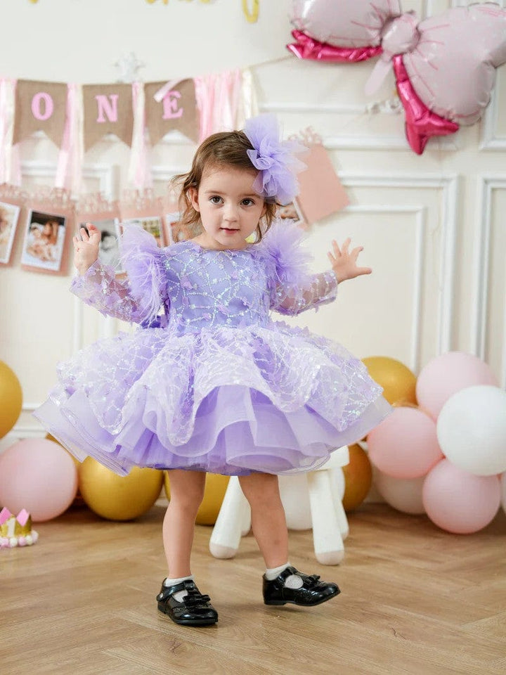 Sunnypetal Long Sleeves Cascading Ruffles Sequins Knee-Length Flower Girl Dresses with Bow