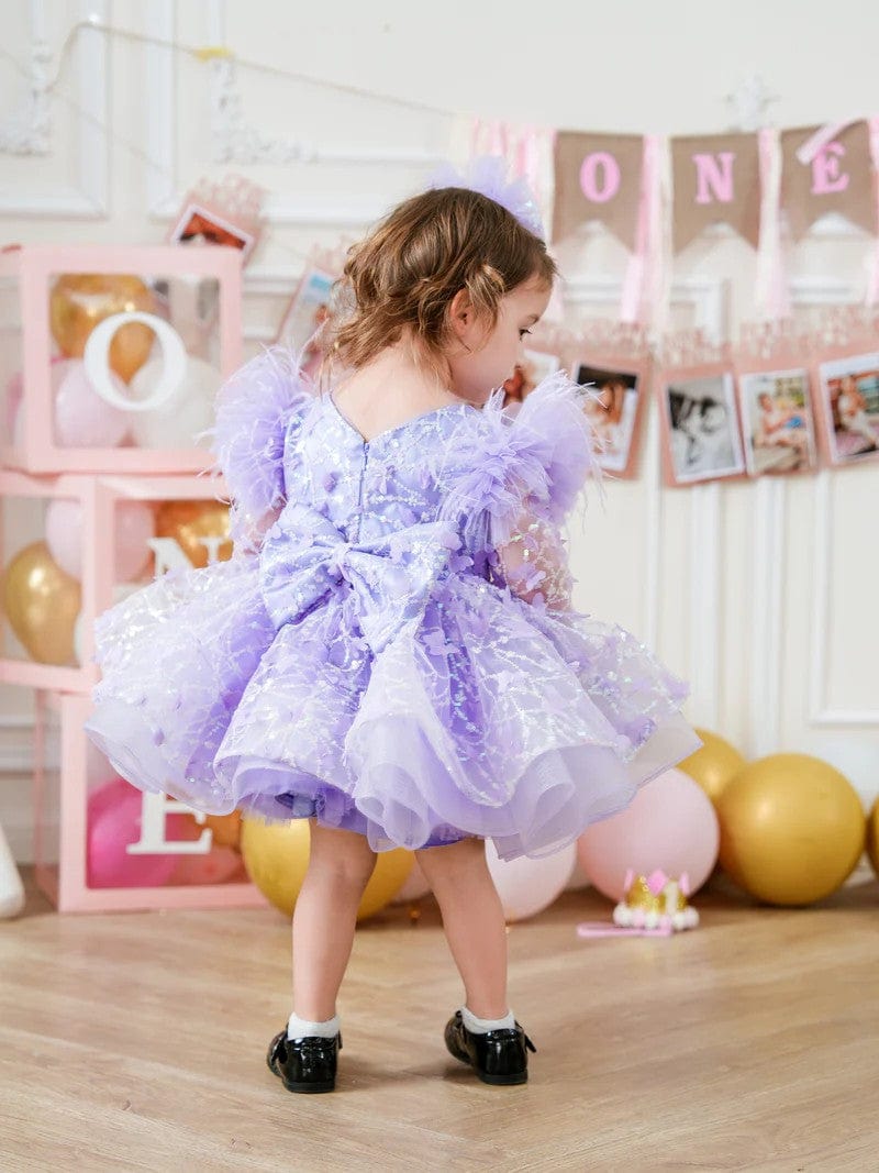 Sunnypetal Long Sleeves Cascading Ruffles Sequins Knee-Length Flower Girl Dresses with Bow