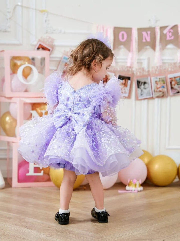 Sunnypetal Long Sleeves Cascading Ruffles Sequins Knee-Length Flower Girl Dresses with Bow