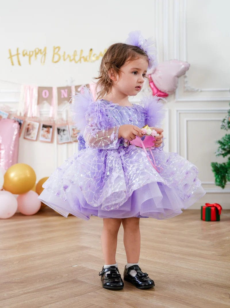 Sunnypetal Long Sleeves Cascading Ruffles Sequins Knee-Length Flower Girl Dresses with Bow