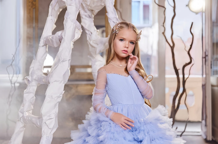 Sunnypetal Long Sleeves Dreamy Tulle Cascade Gown Flower Girl Dresses for Birthday Photoshoot Pageant