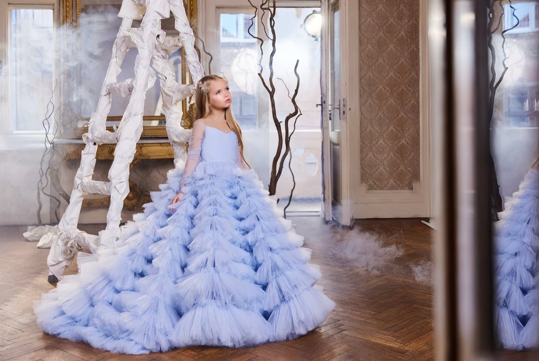 Sunnypetal Long Sleeves Dreamy Tulle Cascade Gown Flower Girl Dresses for Birthday Photoshoot Pageant
