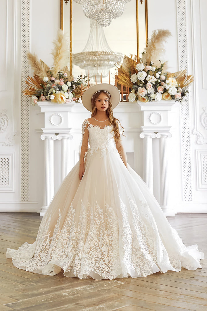 Sunnypetal Long Sleeves Floral Appliques Flower Girl Dress for Wedding Lace Ballgown Dress