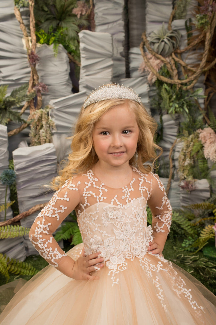 Sunnypetal Long Sleeves Floral Appliques Soft Tulle Wedding Flower Girl Dresses with Train