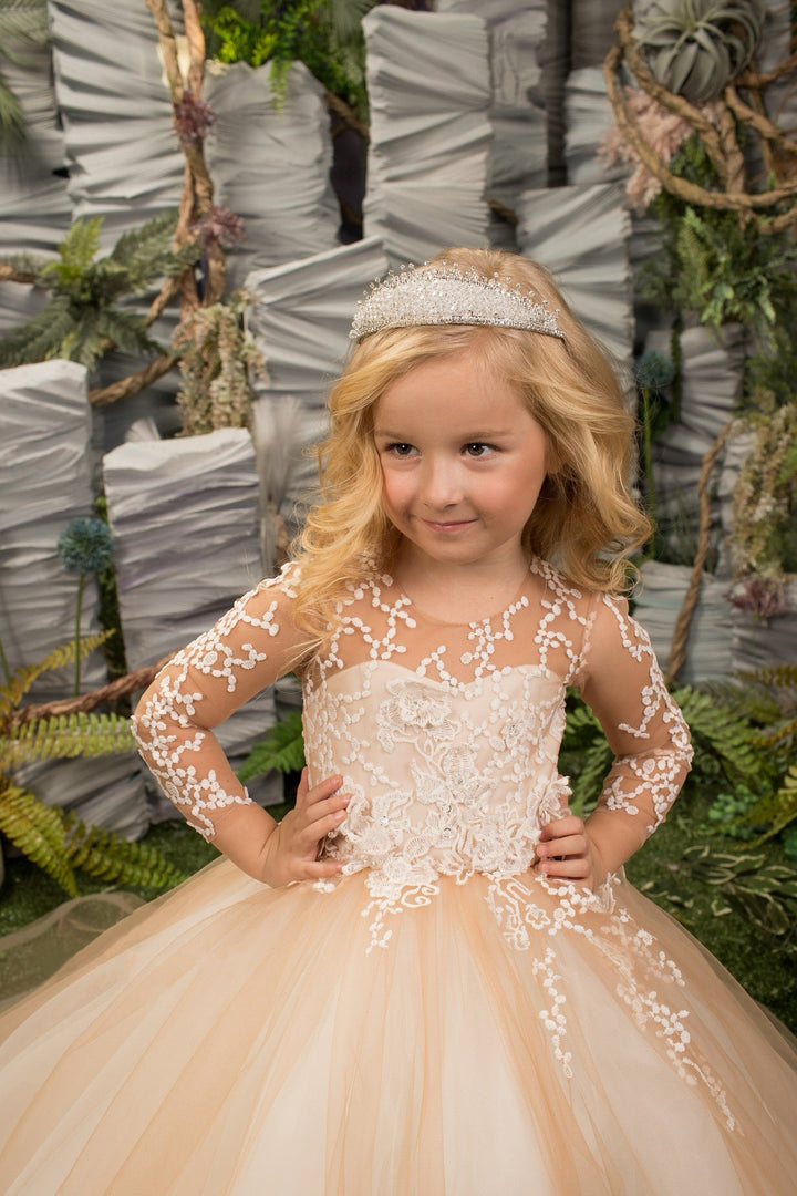 Sunnypetal Long Sleeves Floral Appliques Soft Tulle Wedding Flower Girl Dresses with Train