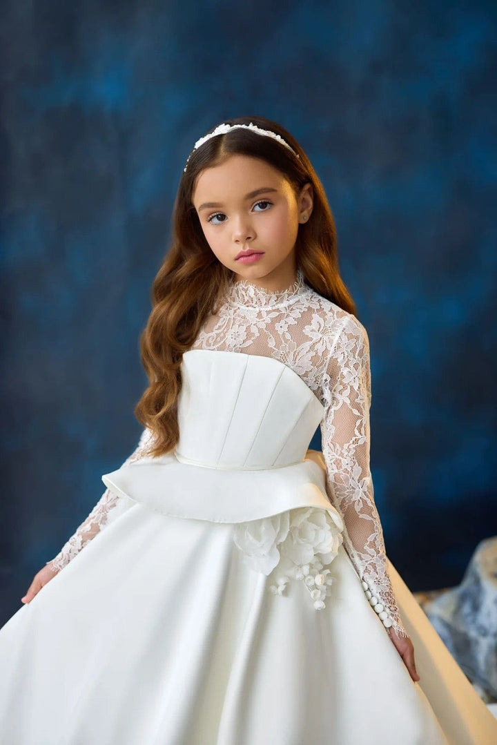 Sunnypetal Long Sleeves Lace Appliques Long Princess Satin Communion Dress with 3D Flowers