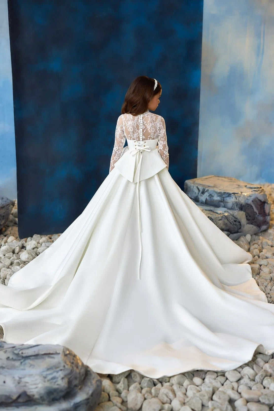 Sunnypetal Long Sleeves Lace Appliques Long Princess Satin Communion Dress with 3D Flowers