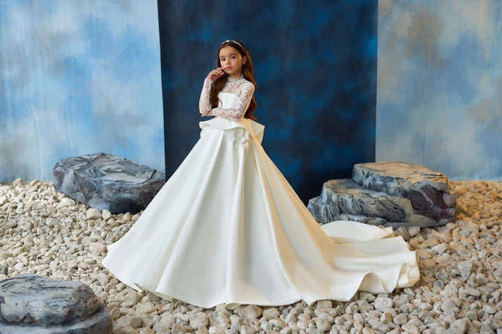 Sunnypetal Long Sleeves Lace Appliques Long Princess Satin Communion Dress with 3D Flowers