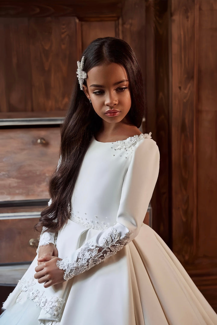 Sunnypetal Long Sleeves Satin Lace Embroidery Princess Tulle Communion Dress