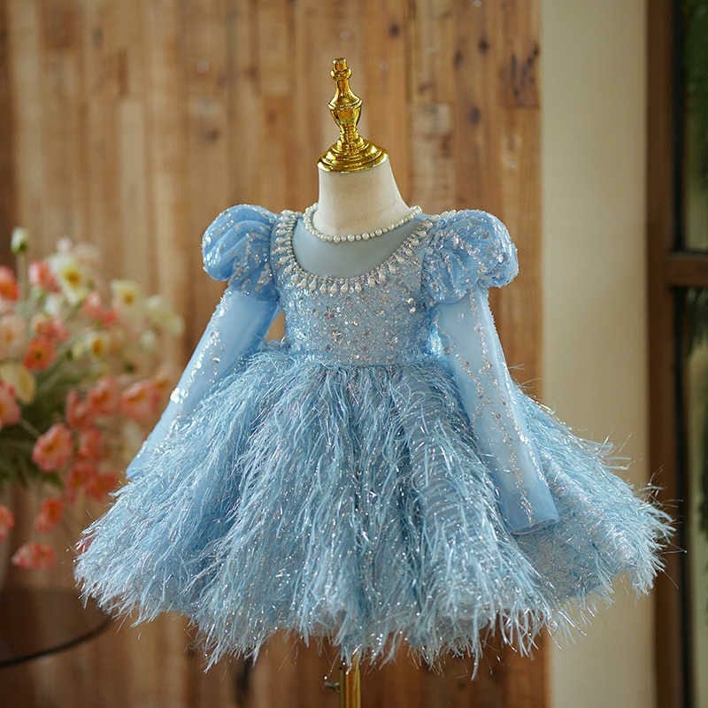Sunnypetal Long Sleeves Sequin Pearls Feathers Tulle Knee-Length Toddler Birthday Dress