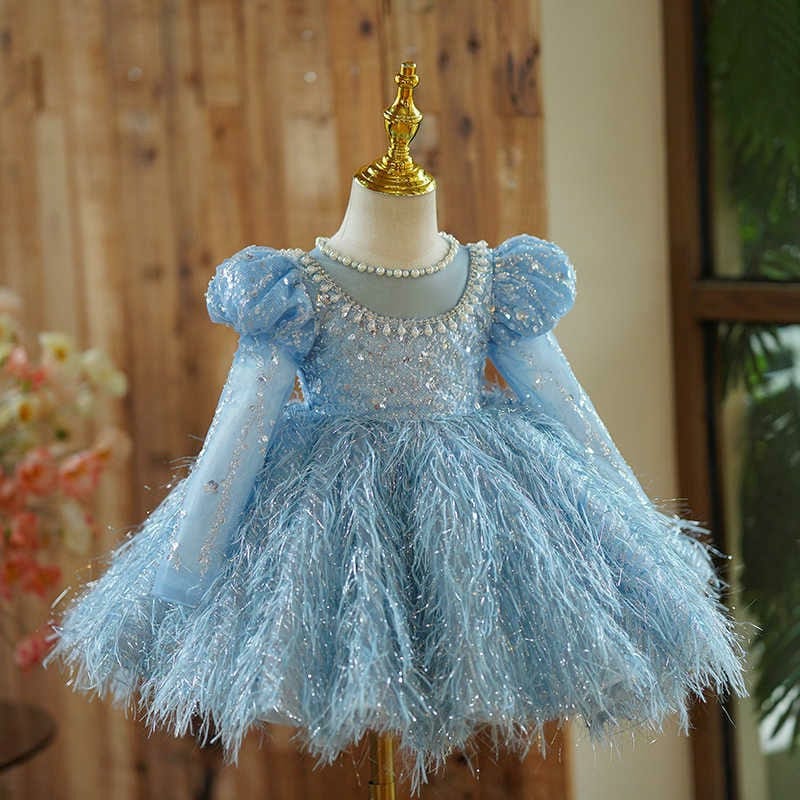 Sunnypetal Long Sleeves Sequin Pearls Feathers Tulle Knee-Length Toddler Birthday Dress