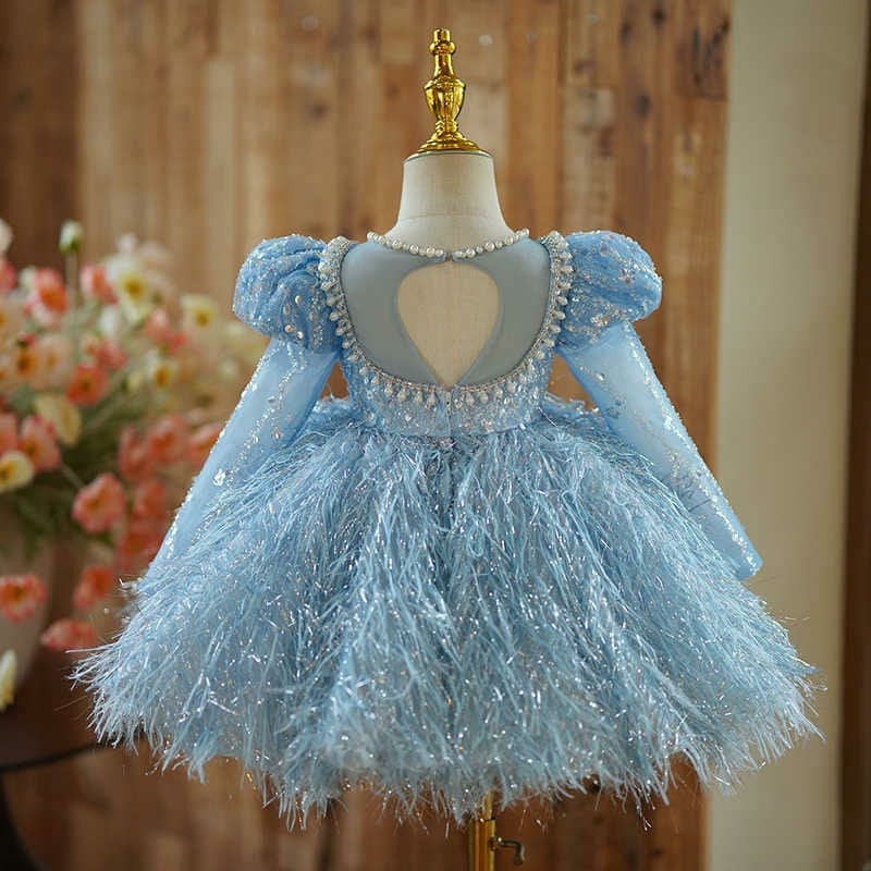 Sunnypetal Long Sleeves Sequin Pearls Feathers Tulle Knee-Length Toddler Birthday Dress